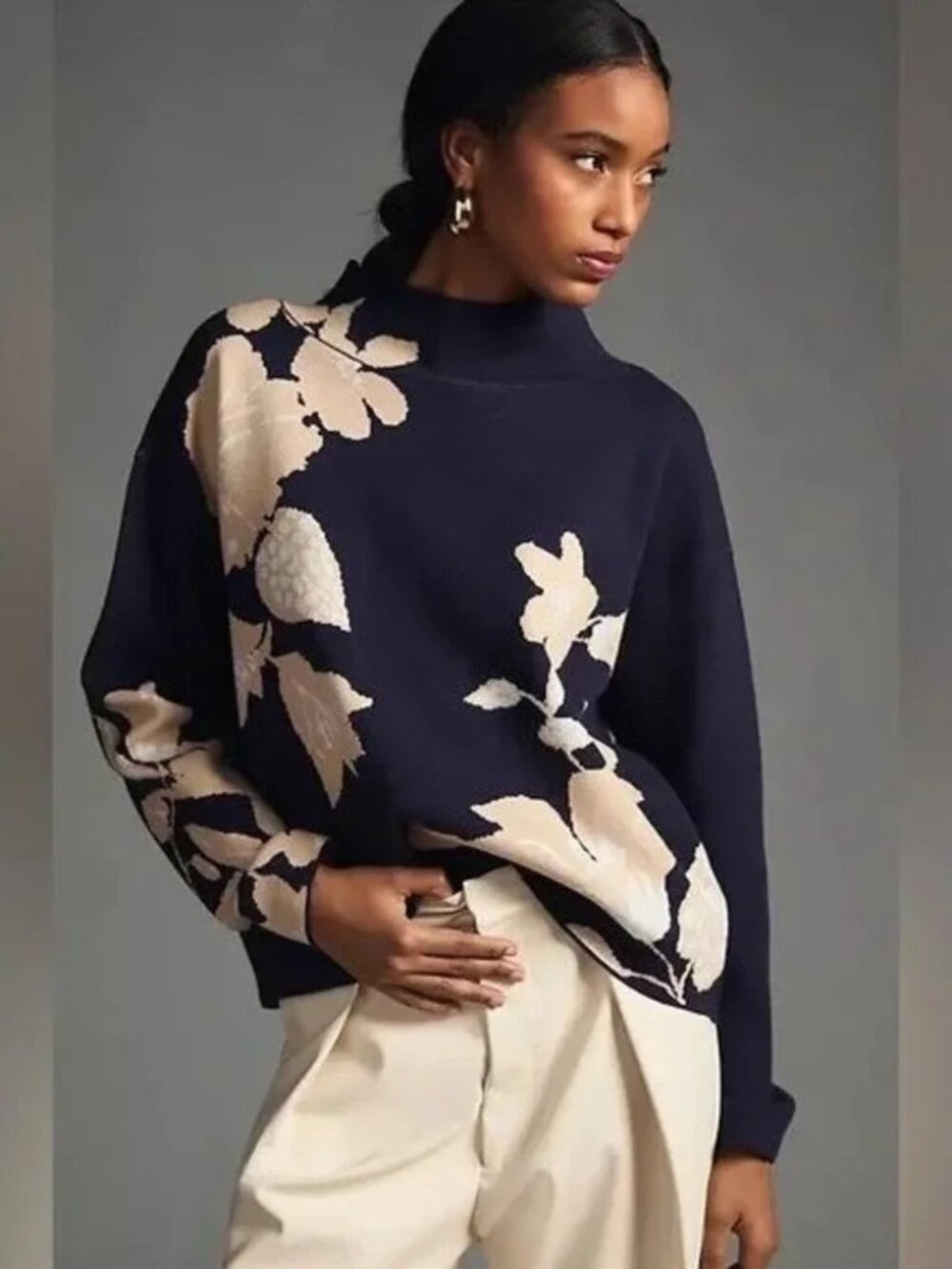 Anthropologie Maeve Carys Mock Neck Navy Blue and Cream Jo Faulkner